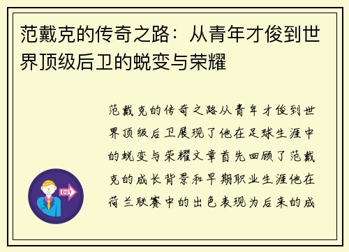 范戴克的传奇之路：从青年才俊到世界顶级后卫的蜕变与荣耀