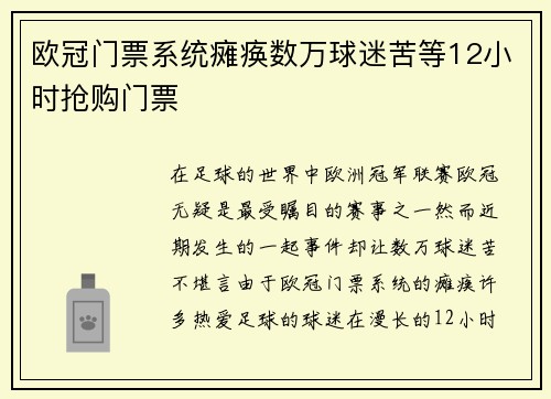 欧冠门票系统瘫痪数万球迷苦等12小时抢购门票