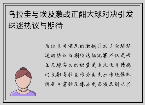 乌拉圭与埃及激战正酣大球对决引发球迷热议与期待