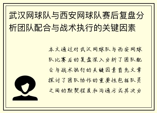 武汉网球队与西安网球队赛后复盘分析团队配合与战术执行的关键因素
