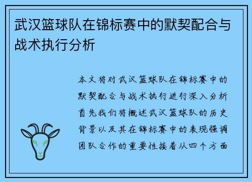 武汉篮球队在锦标赛中的默契配合与战术执行分析