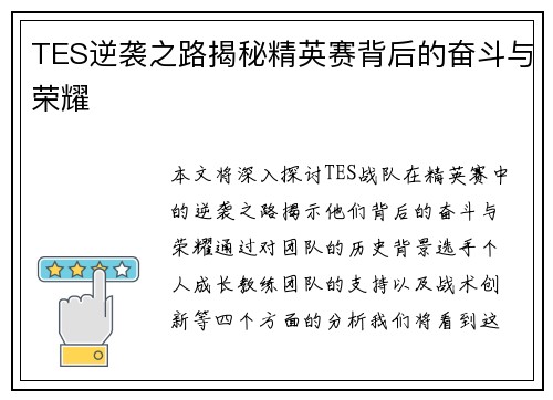 TES逆袭之路揭秘精英赛背后的奋斗与荣耀