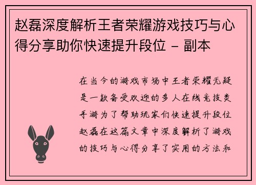 赵磊深度解析王者荣耀游戏技巧与心得分享助你快速提升段位 - 副本