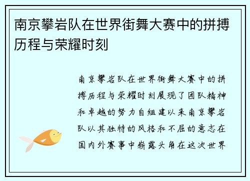 南京攀岩队在世界街舞大赛中的拼搏历程与荣耀时刻