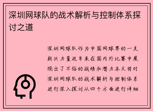 深圳网球队的战术解析与控制体系探讨之道
